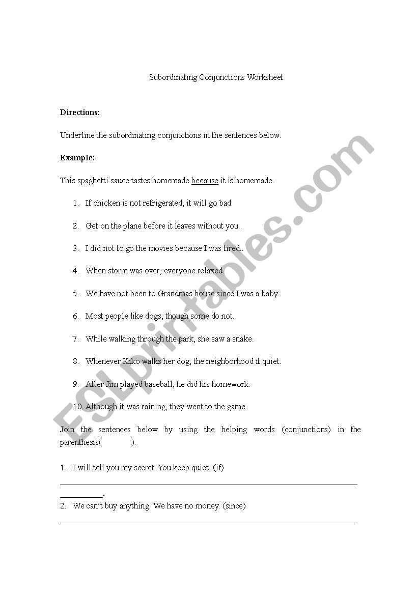 Subordinating Conjunctions worksheet