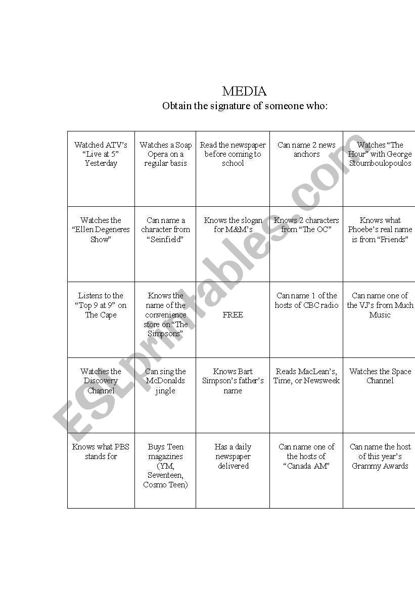 Media Bingo worksheet