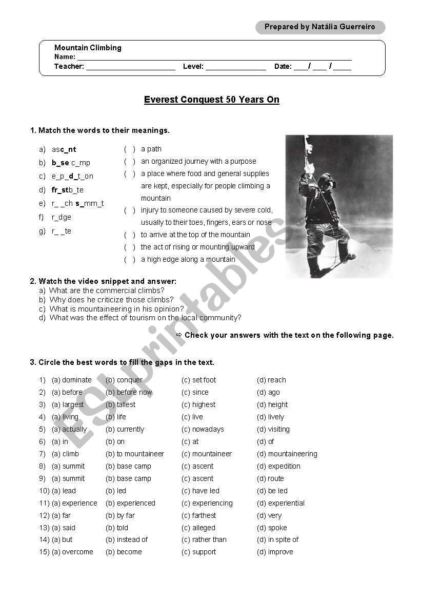 Mountaineering worksheet