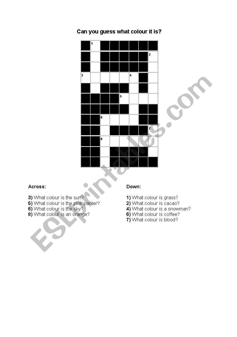 Crossword Puzzle For Teaching Colours