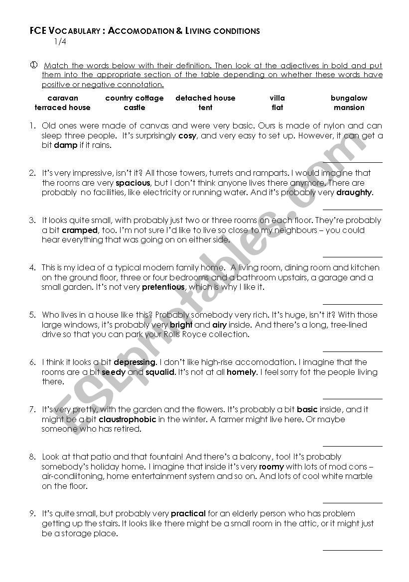 Accomodation & living conditions - vocabulary exercises (FCE level)