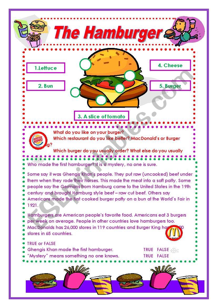 The Hamburger Esl Worksheet By Freddie