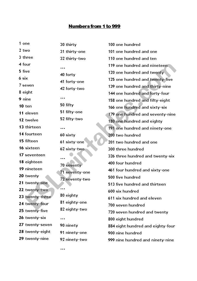 numbers from 1 to 999 worksheet