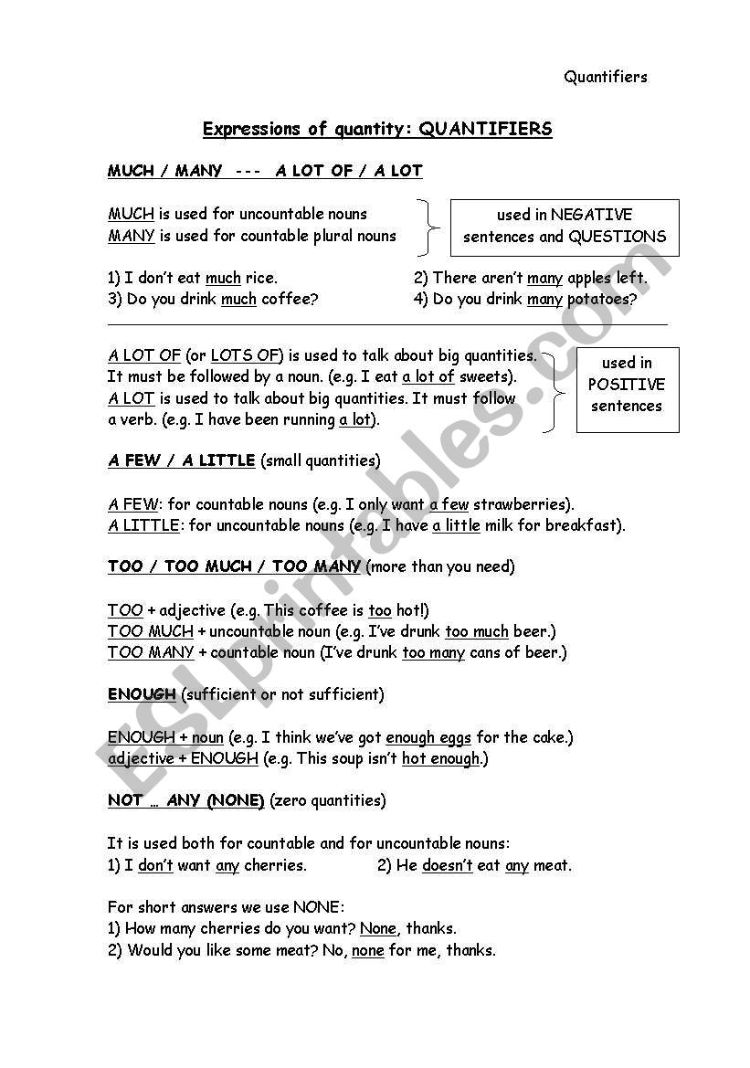 quantifiers explanation worksheet