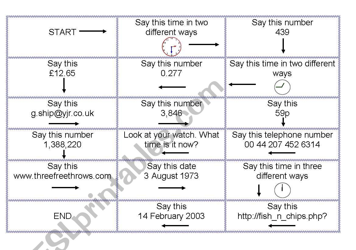 Numbers,dates and time game worksheet