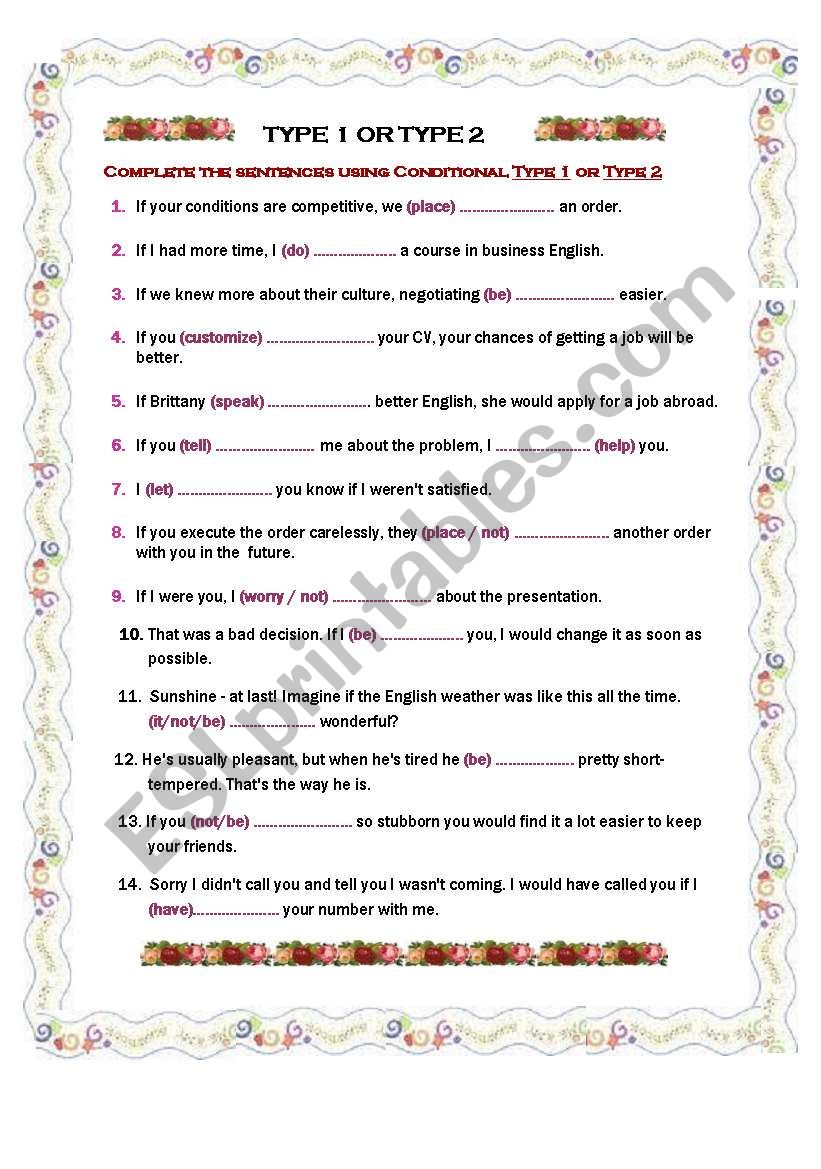 CONDITIONAL Type 1 or Type 2 worksheet