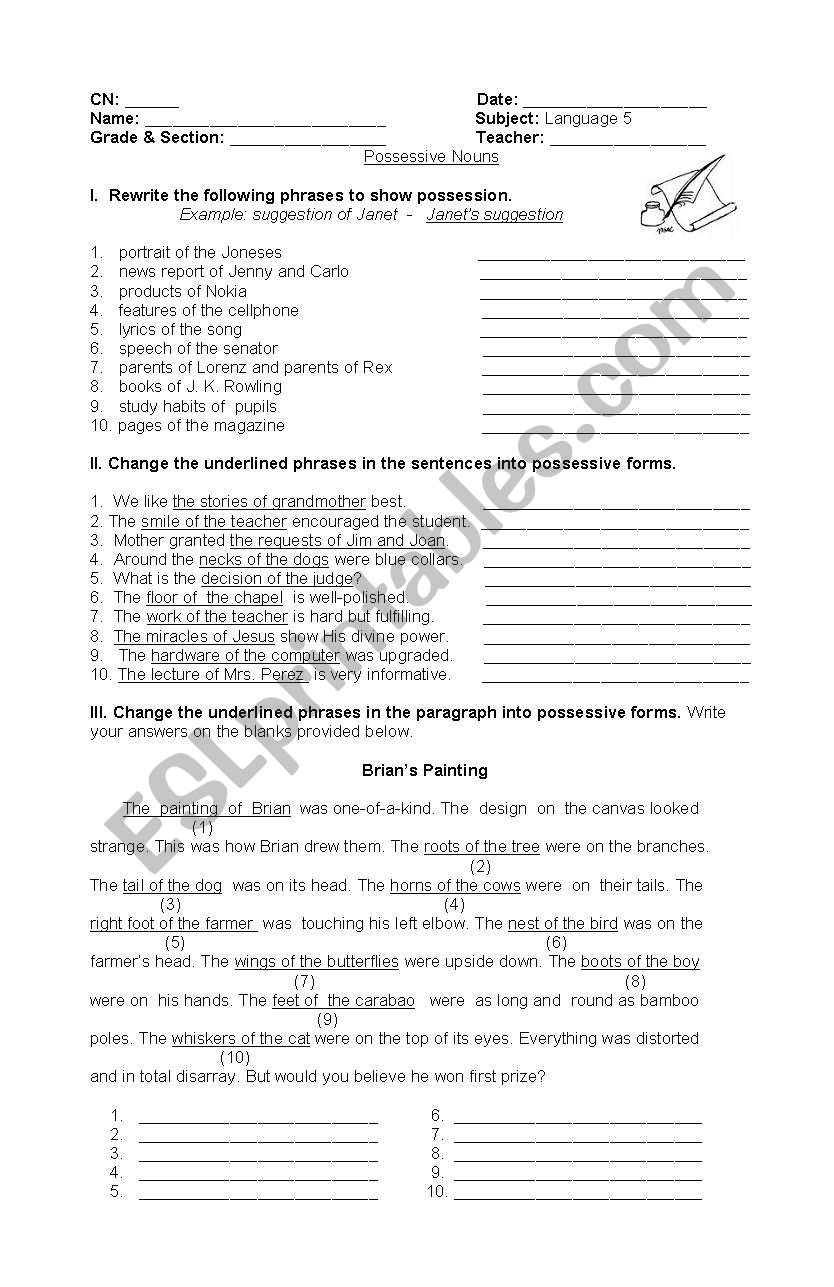 Possessive Forms of Nouns worksheet