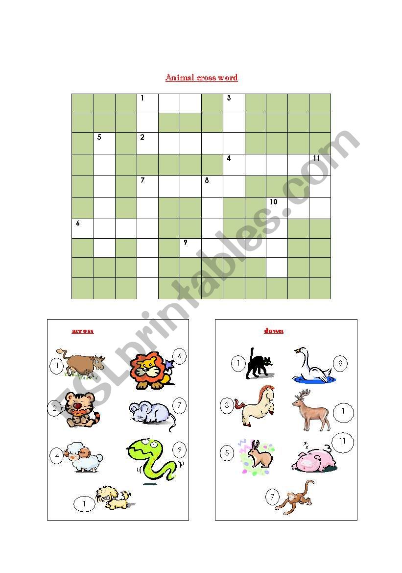 animal cross word(14 animals) worksheet
