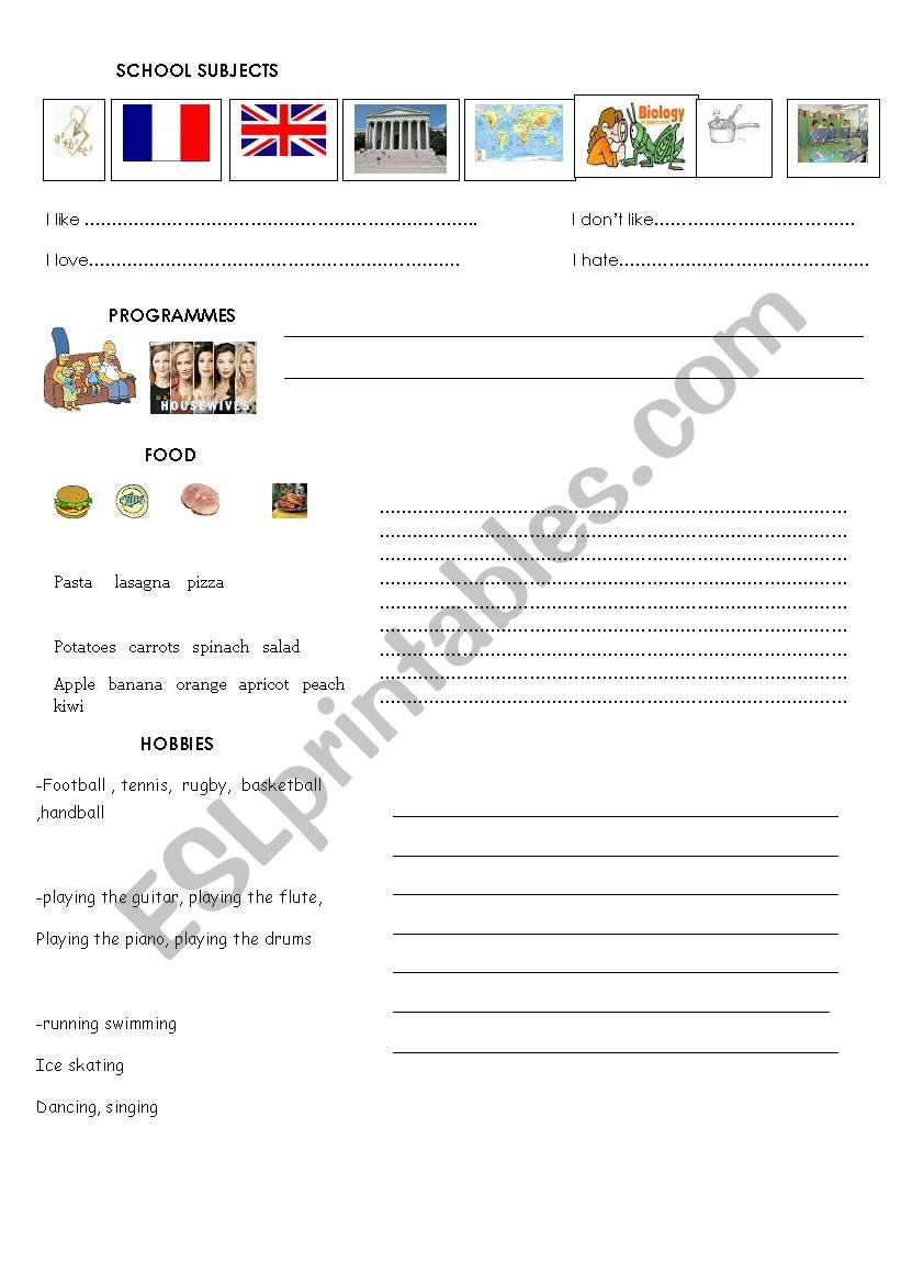 likes and dislikes worksheet