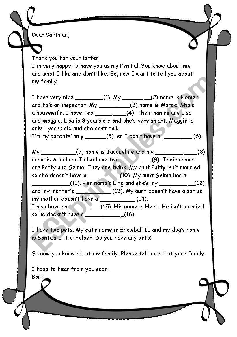 family vocabulary using Simpsons- writing a letter - ESL worksheet
