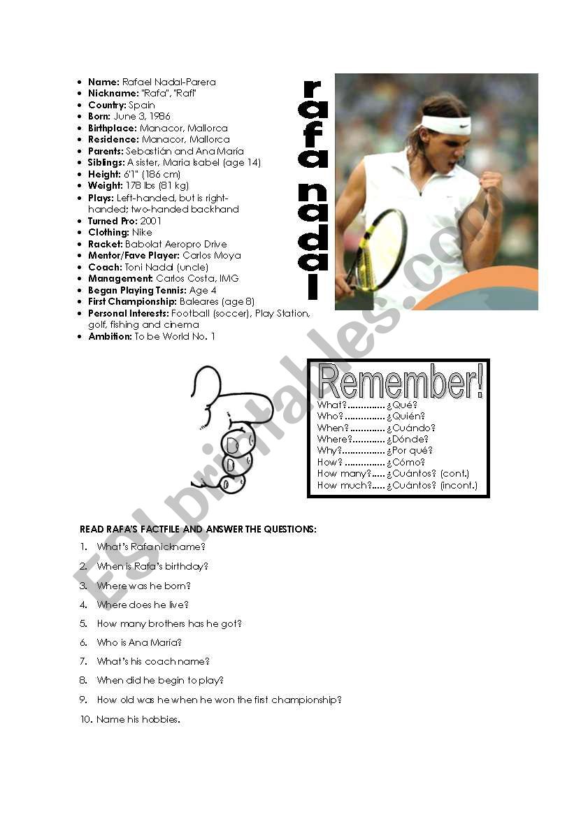 Rafa Nadal worksheet