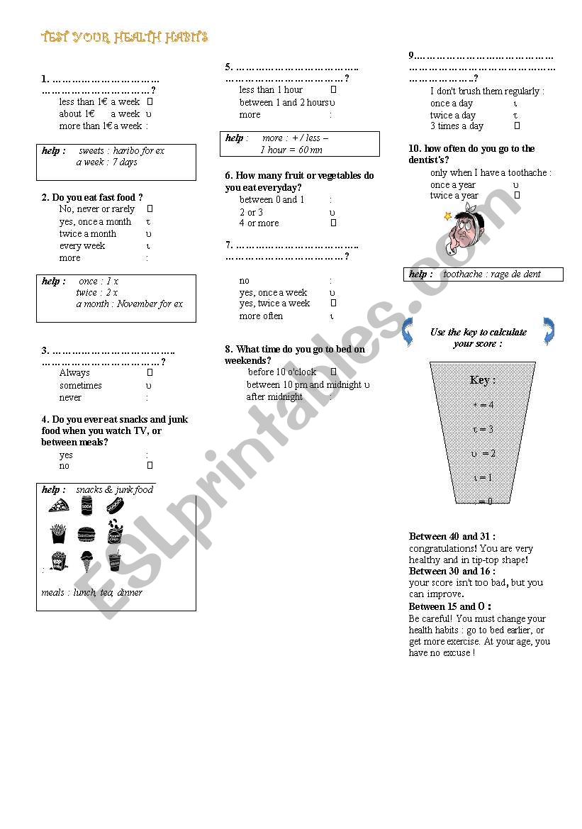 test your health habit 1 worksheet