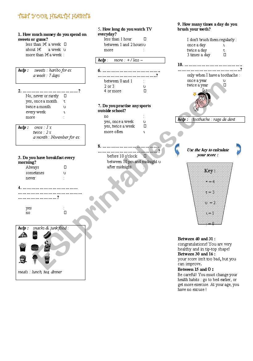 Test your health habits 2 worksheet