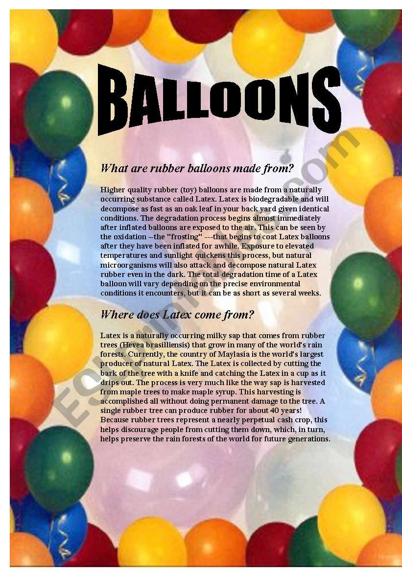 Balloons - Reading Comprehension