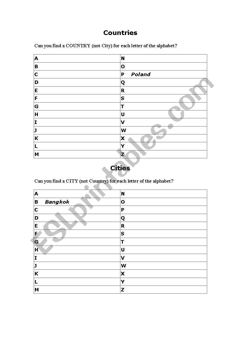 ABC Countries and Cities worksheet