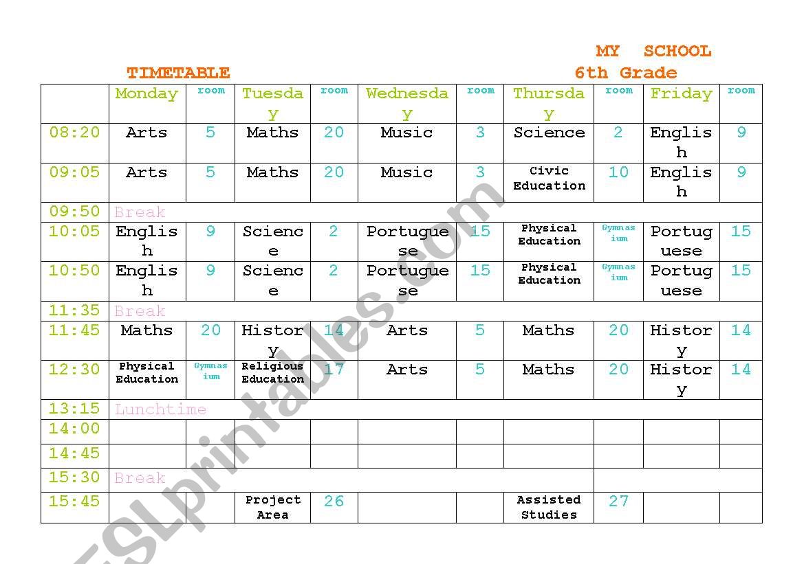 school timetable worksheet