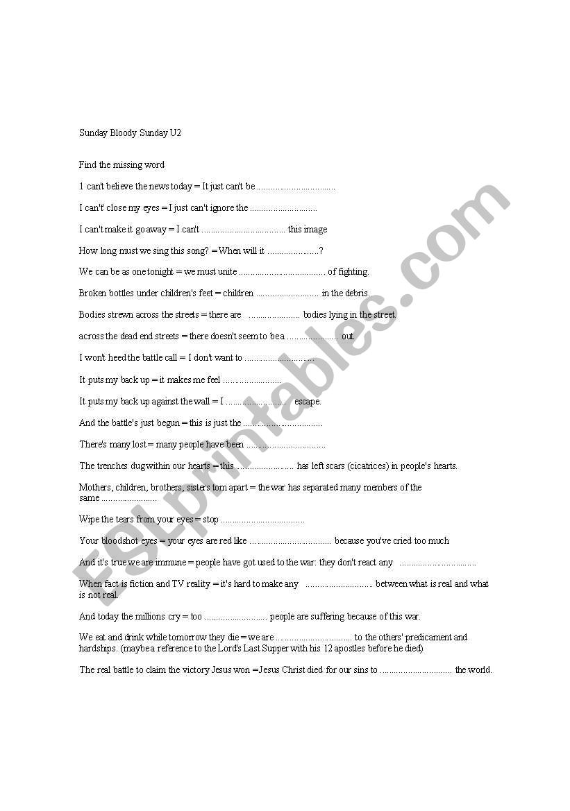 Sunday Bloody Sunday worksheet