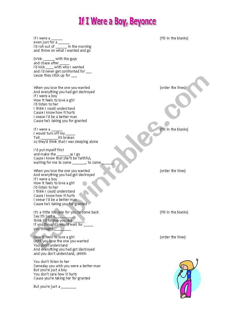 If I were a boy by Beyonce worksheet