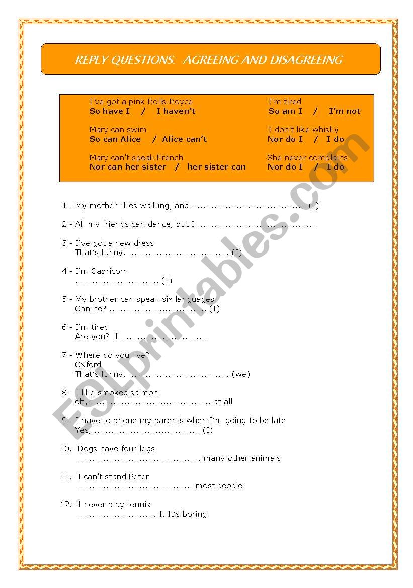 agreeing or disagreeing worksheet