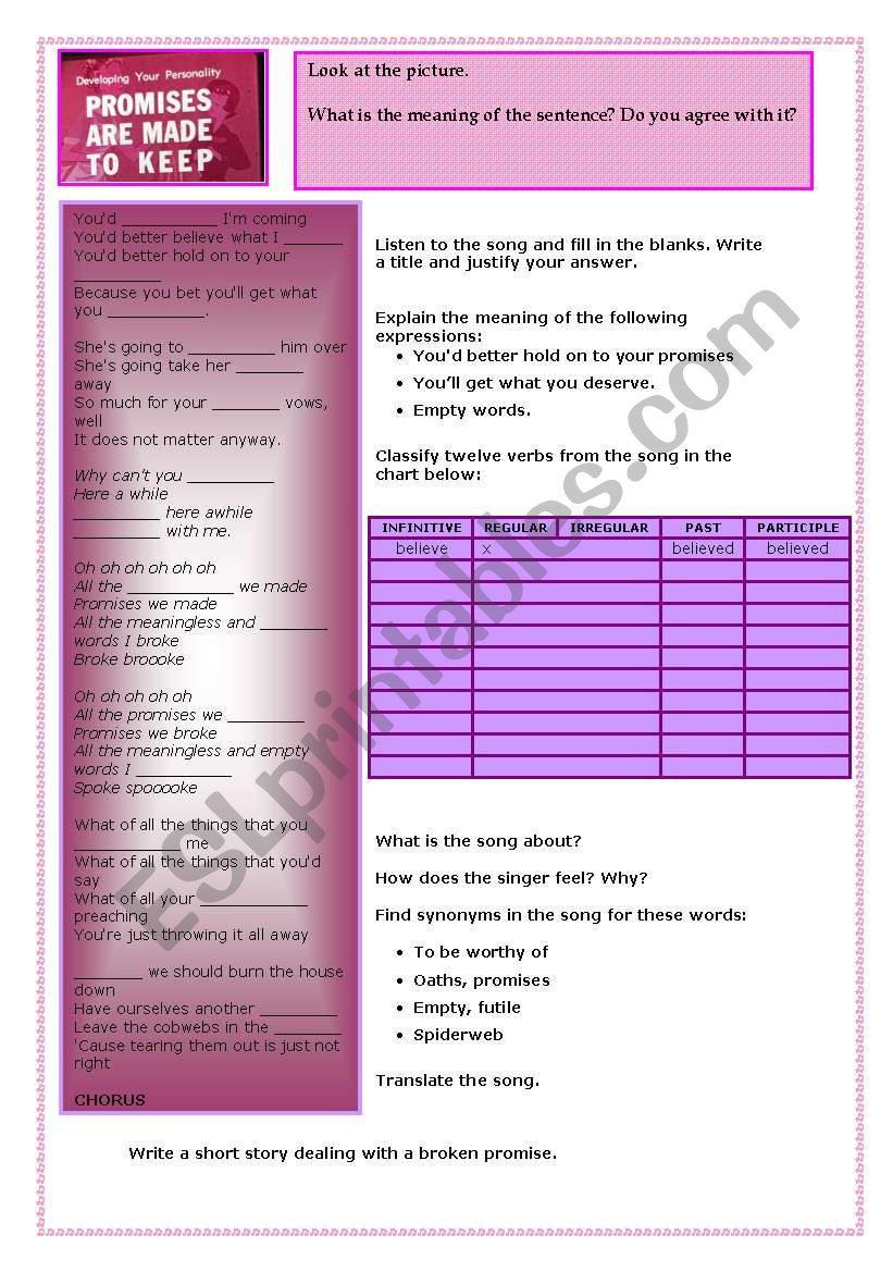 Promises - The Cranberries - ESL worksheet by saninfe