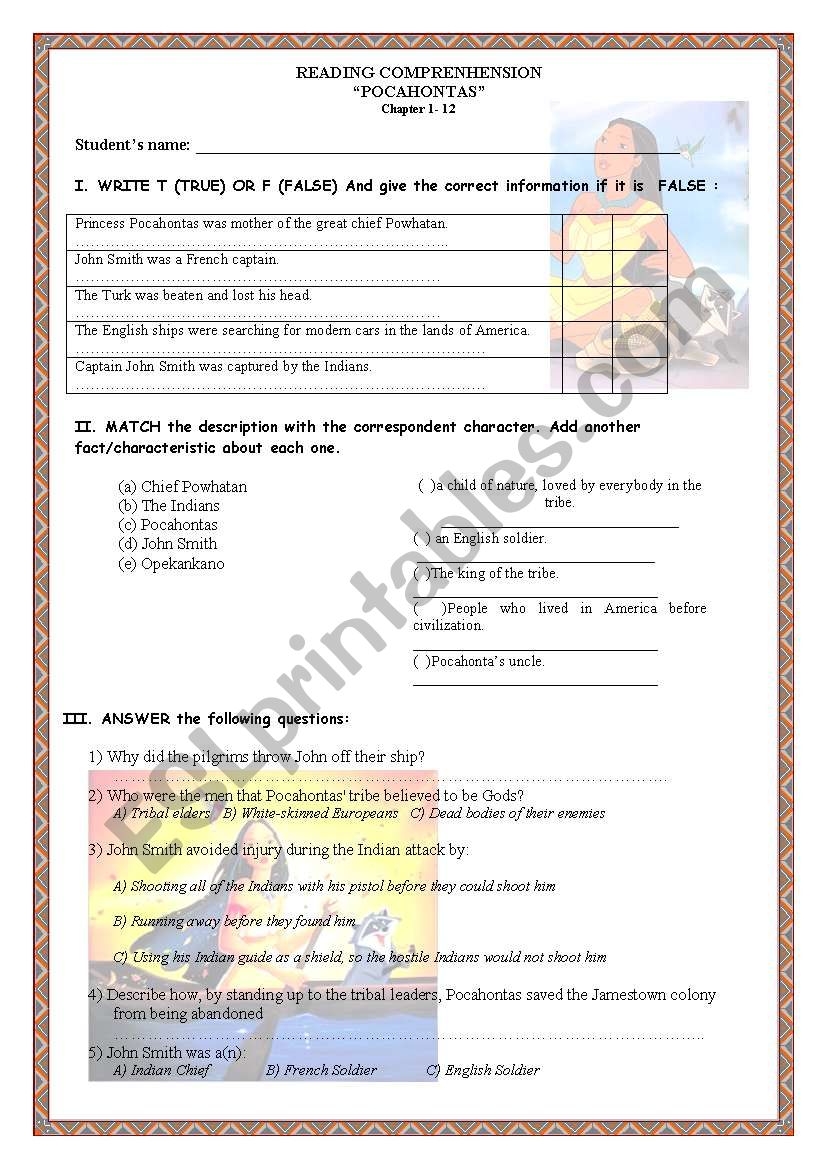 READING-POCAHONTAS worksheet