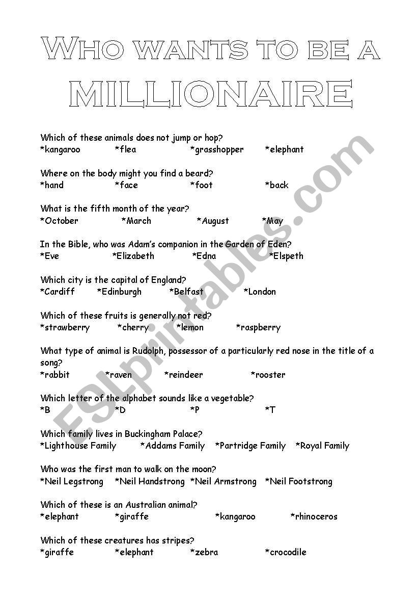 Who wants to be a millionaire worksheet