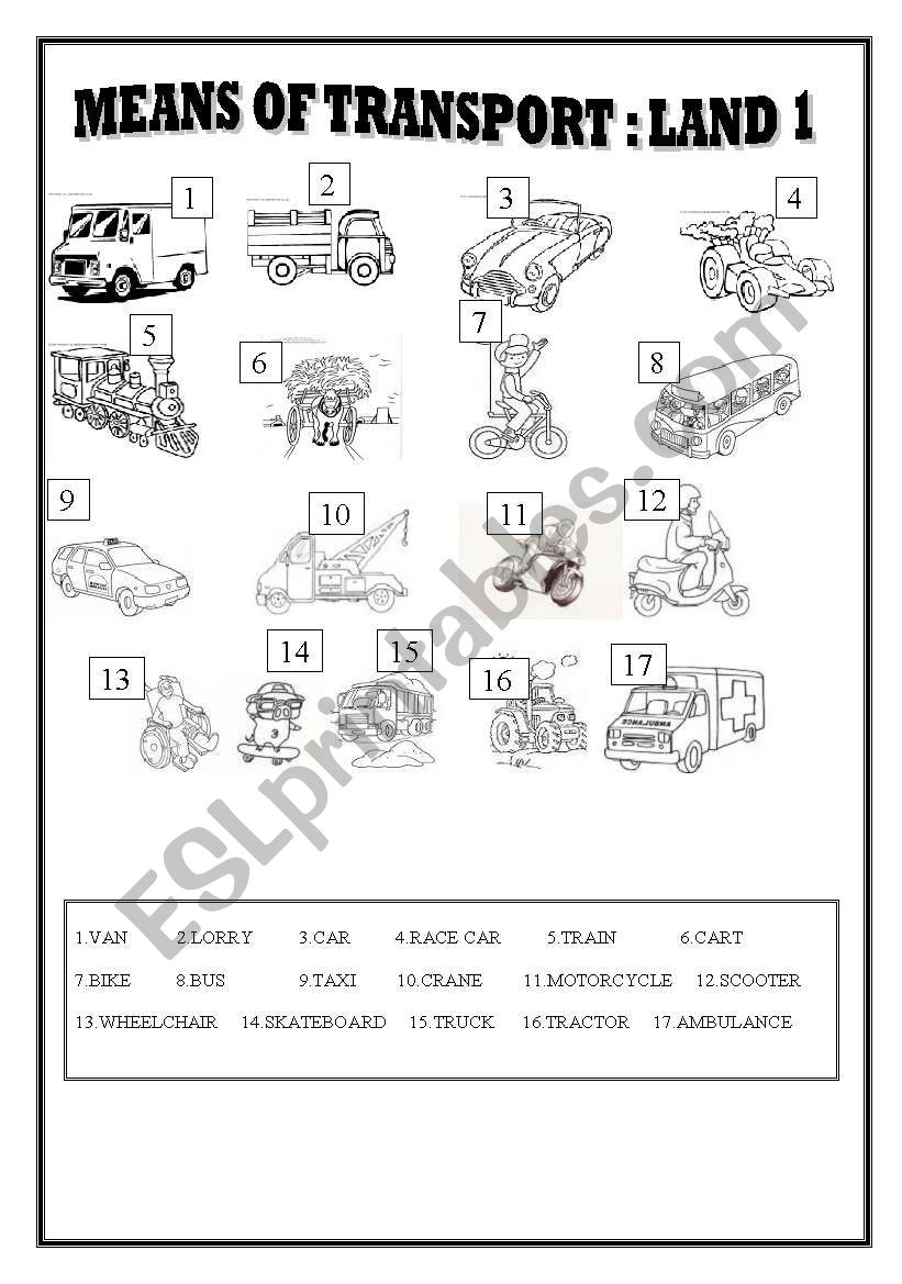 MEANS OF TRANSPORT : LAND 1 worksheet