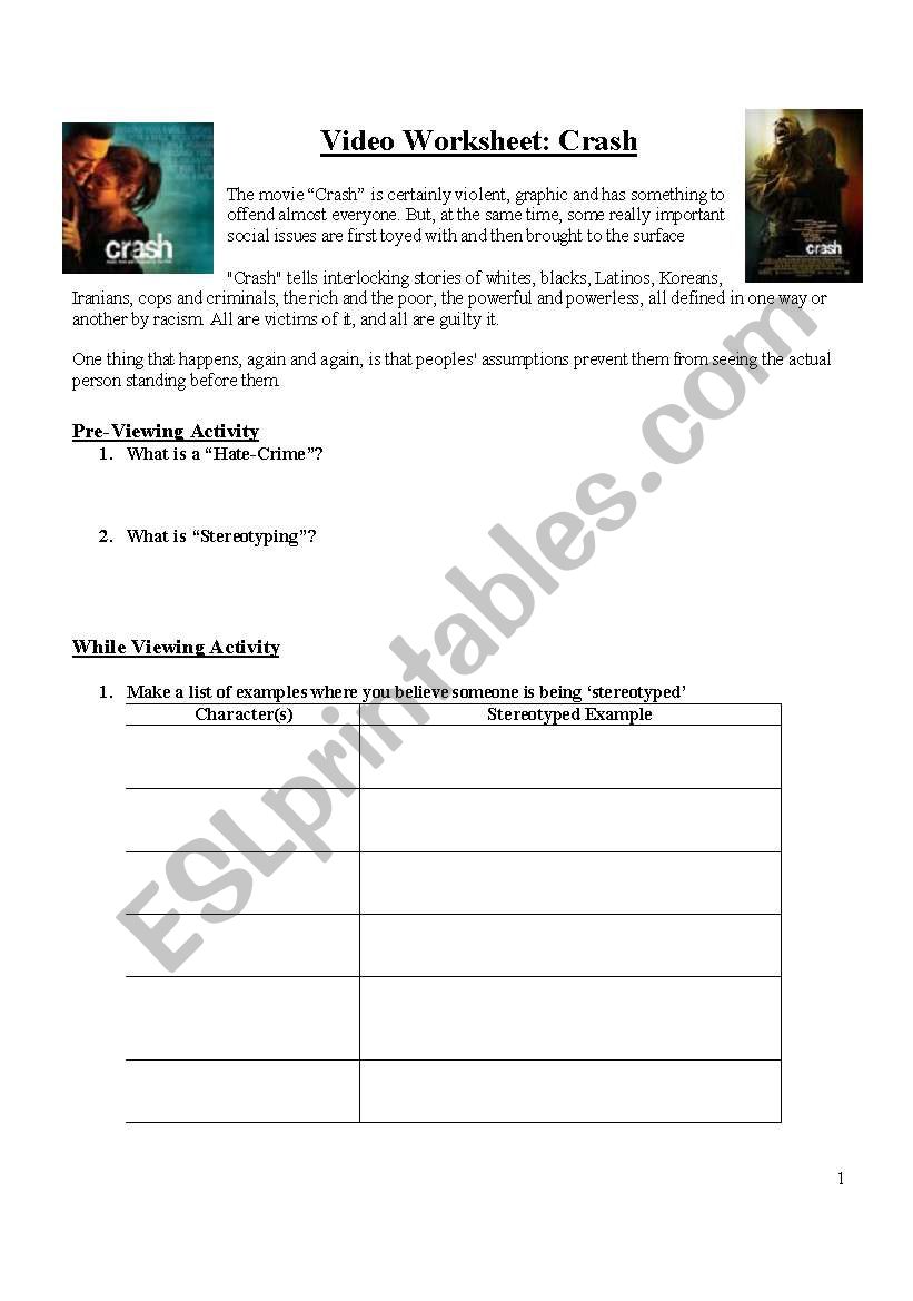 Crash Video Worksheet 1 worksheet