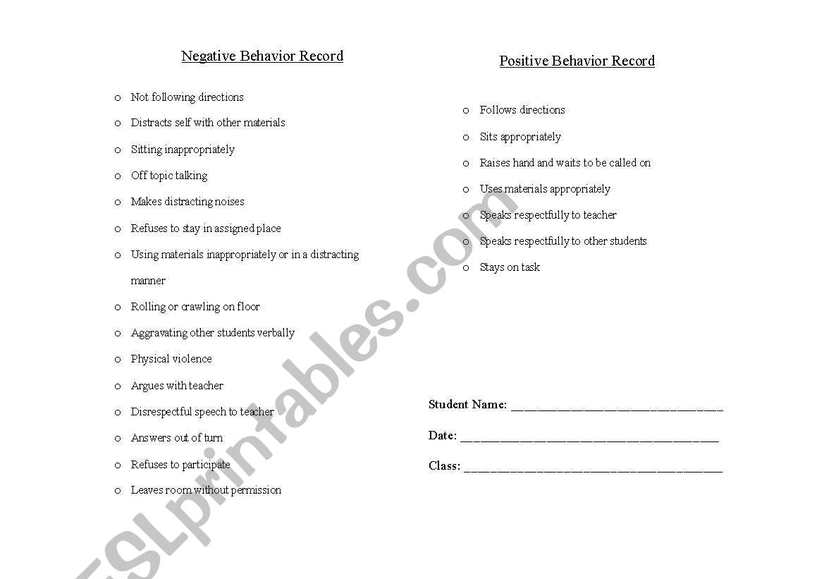 Behavior Record worksheet