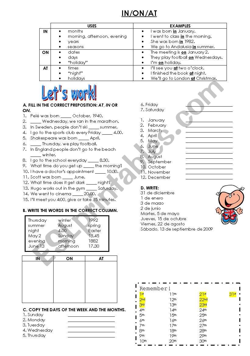 Time prepositions: in, on, at worksheet
