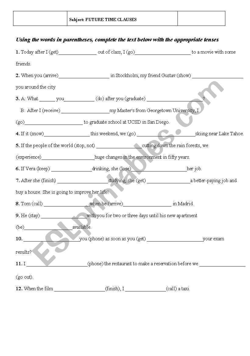 Future Time Clauses worksheet