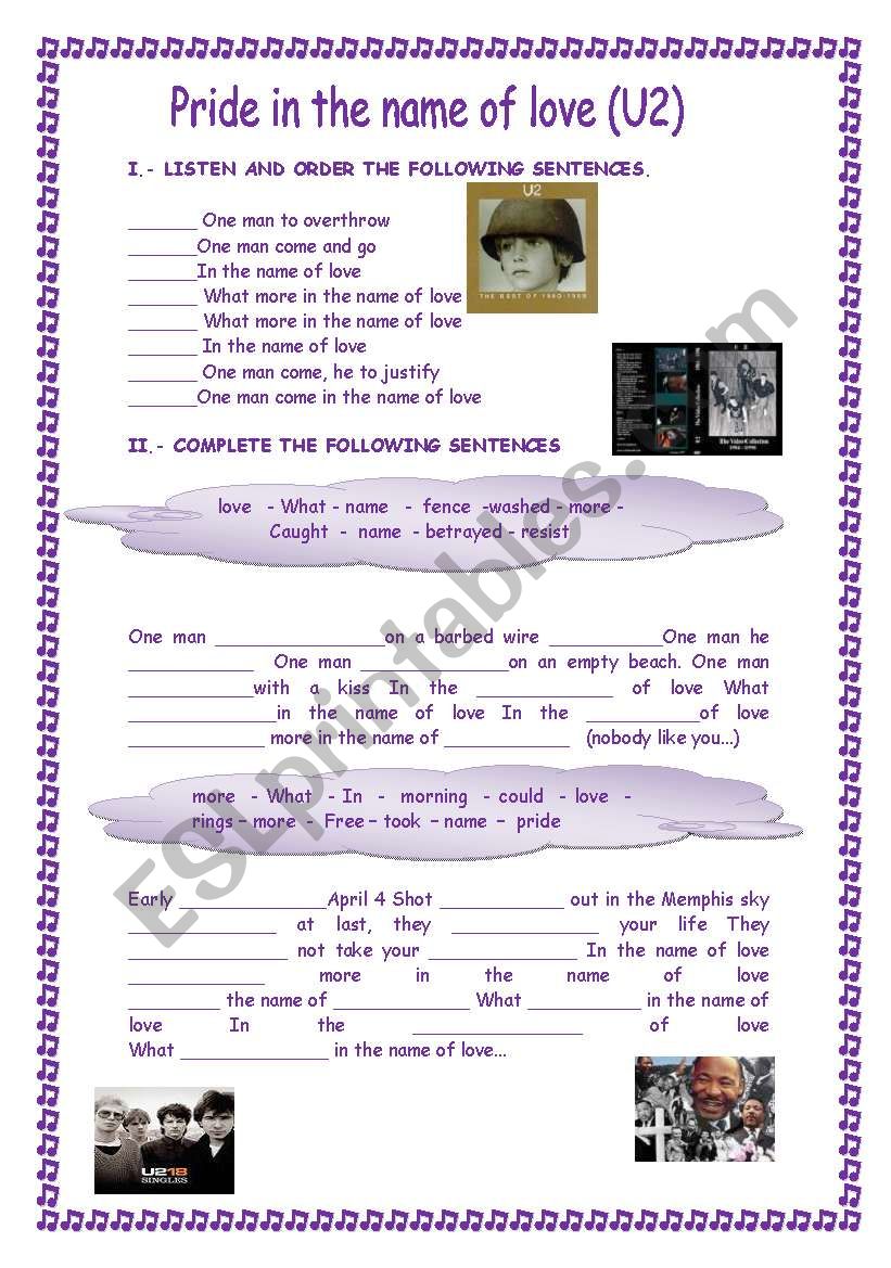 Pride in the name of love  worksheet