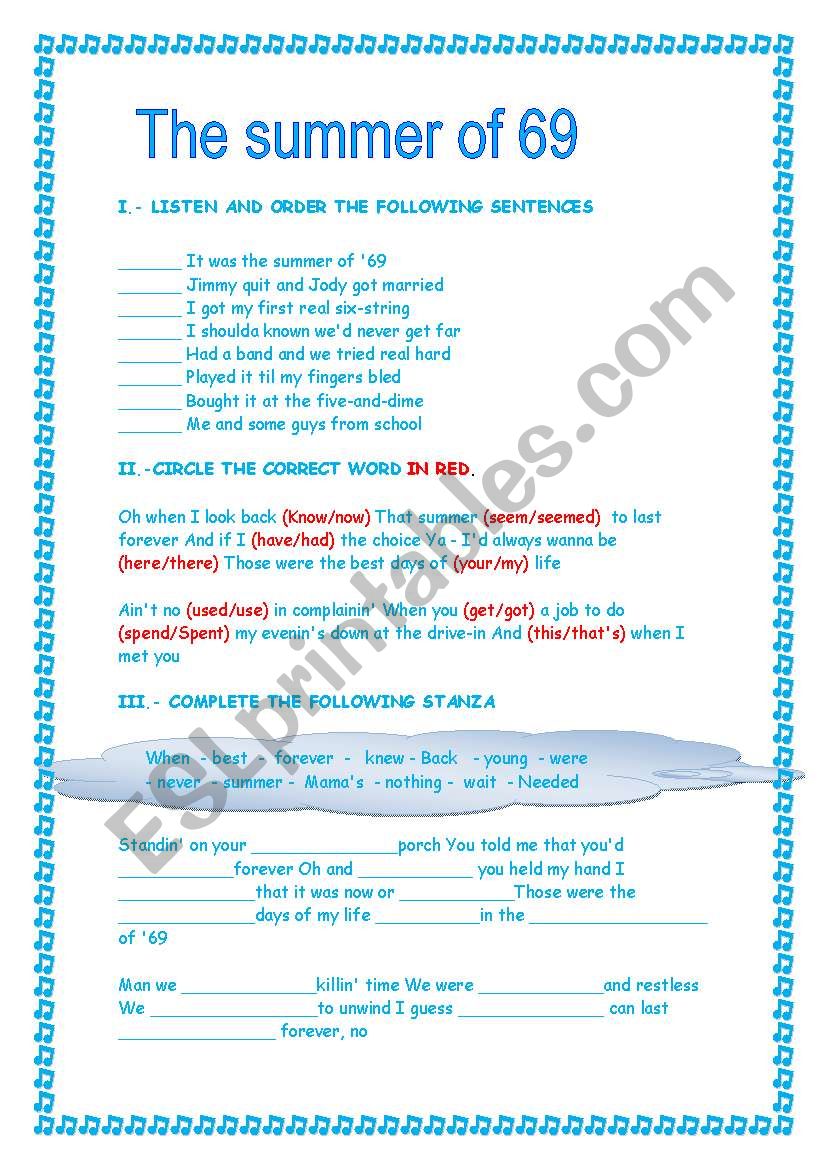 Summer of Â´69  worksheet