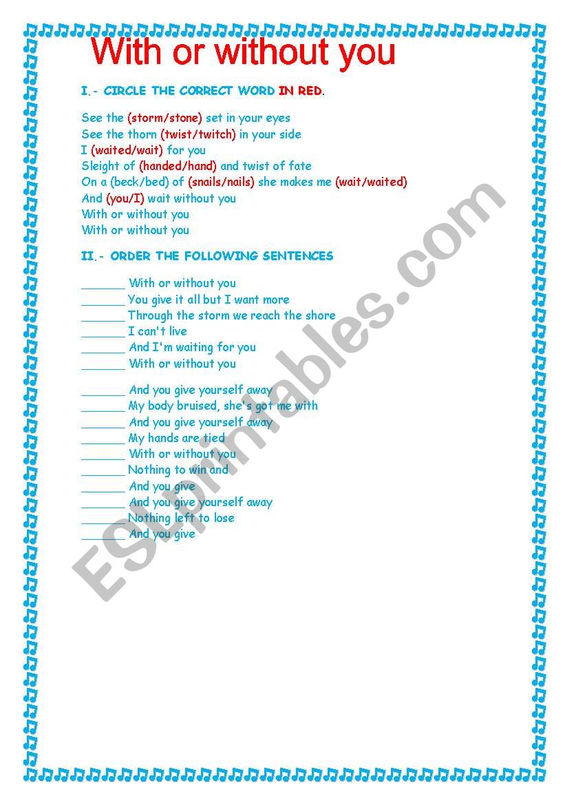 With or without you worksheet