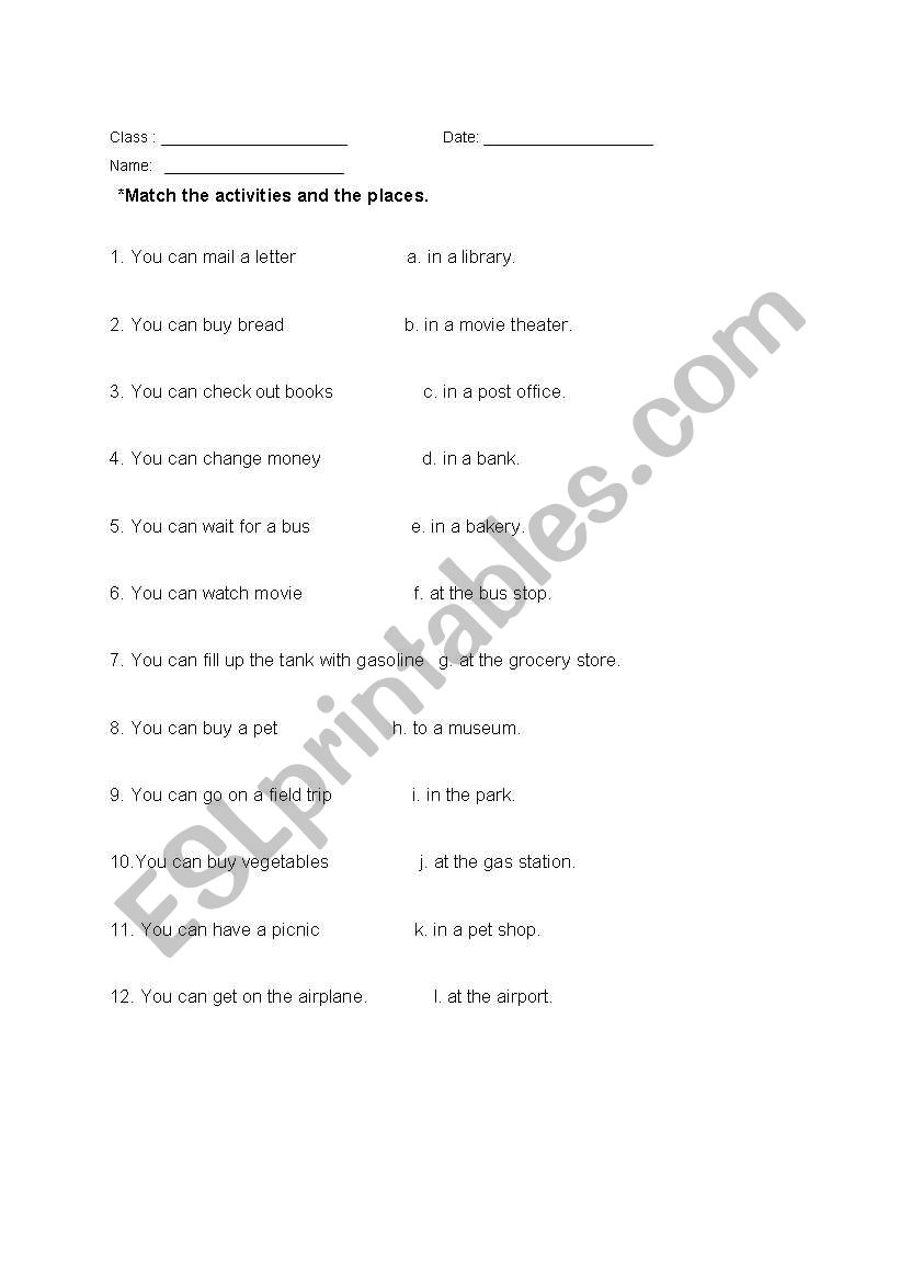 Match the places worksheet