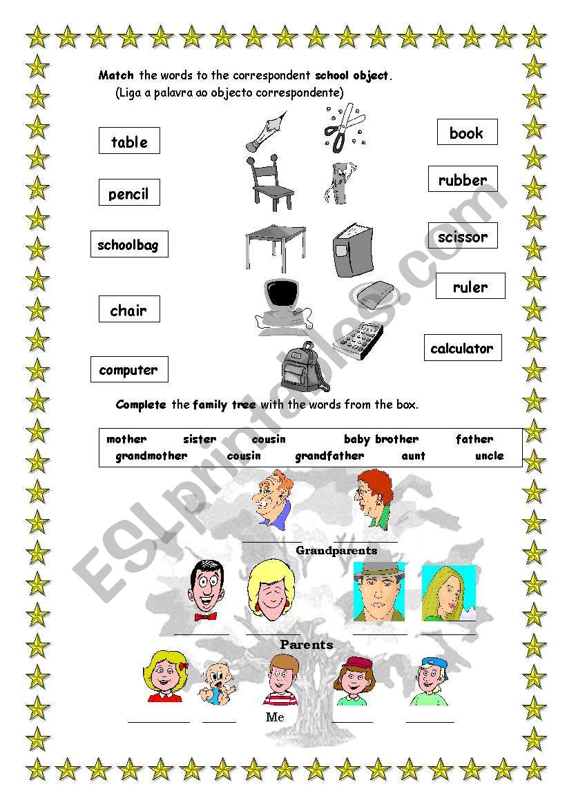 school objects and family worksheet
