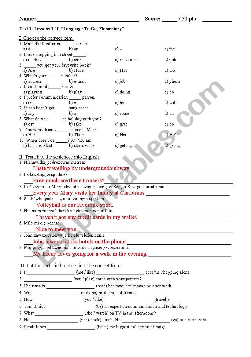 test - Language to go Elementary Lessons 1-10