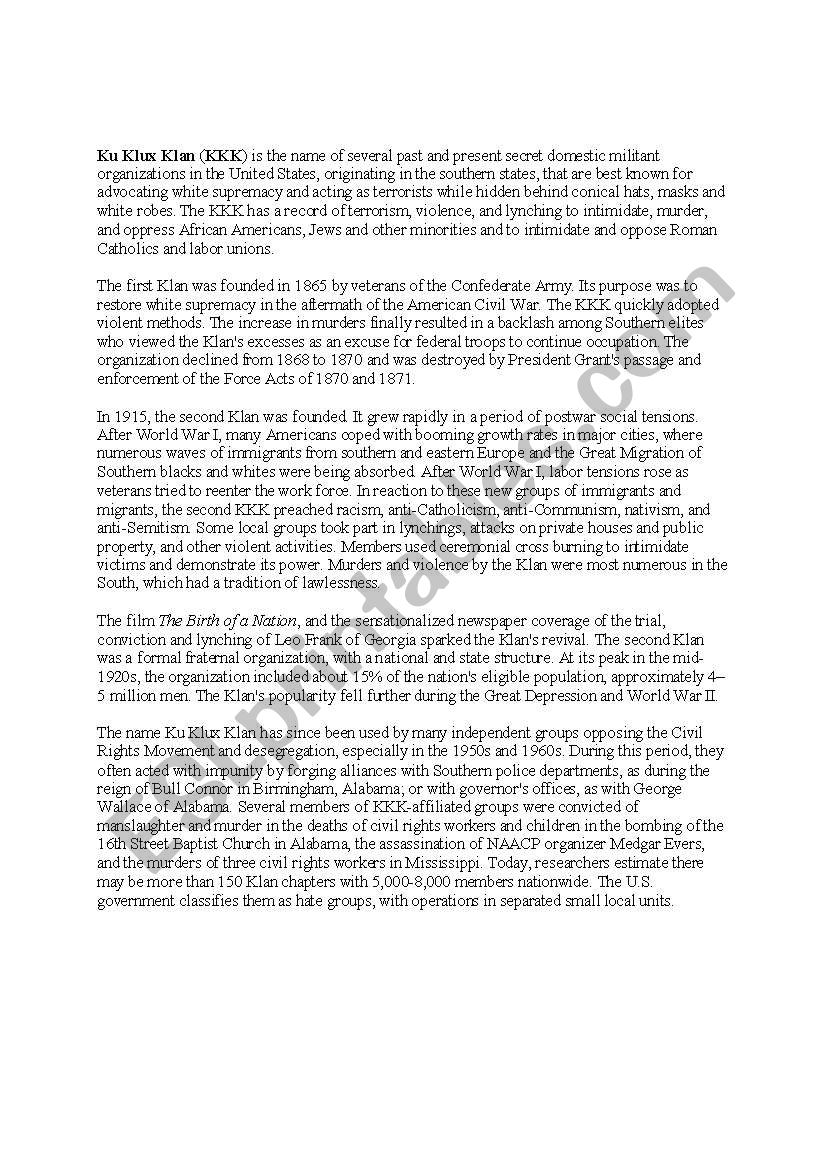 Ku Klux Klan Reading, Vocabulary & Discussion