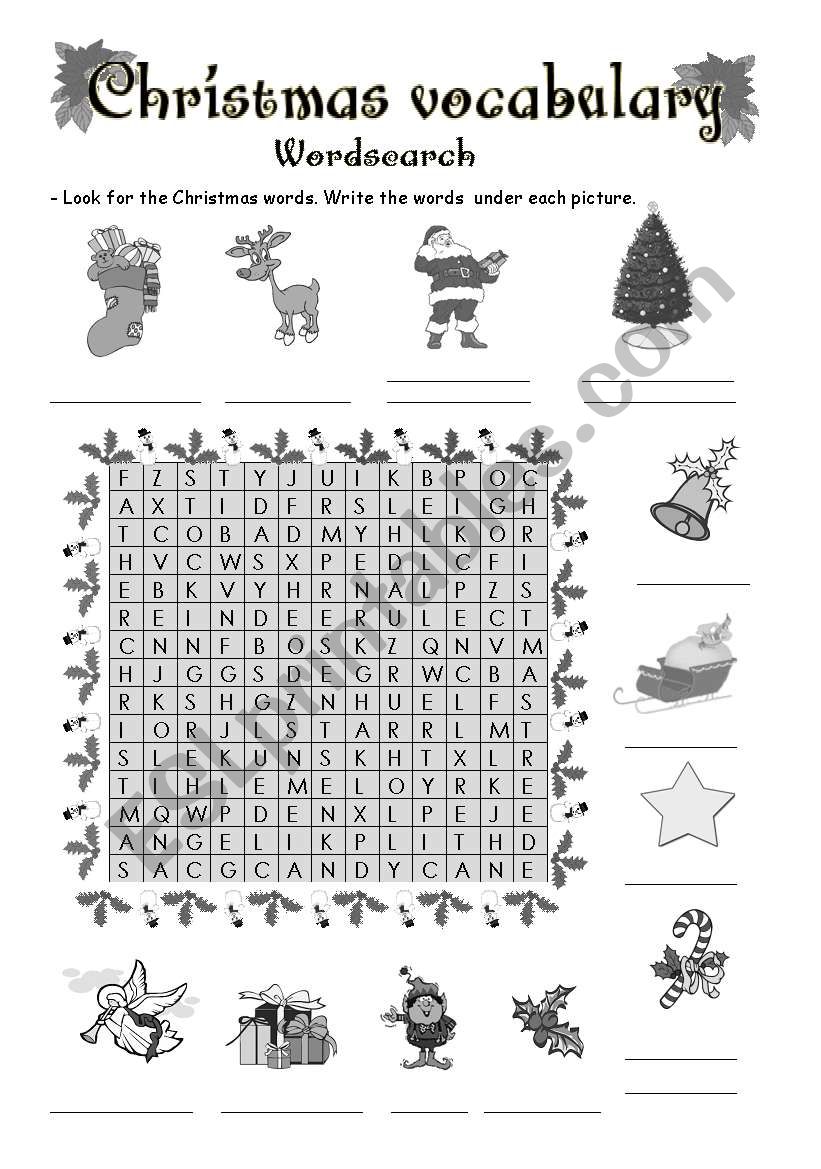 Christmas vocabulary B/W worksheet