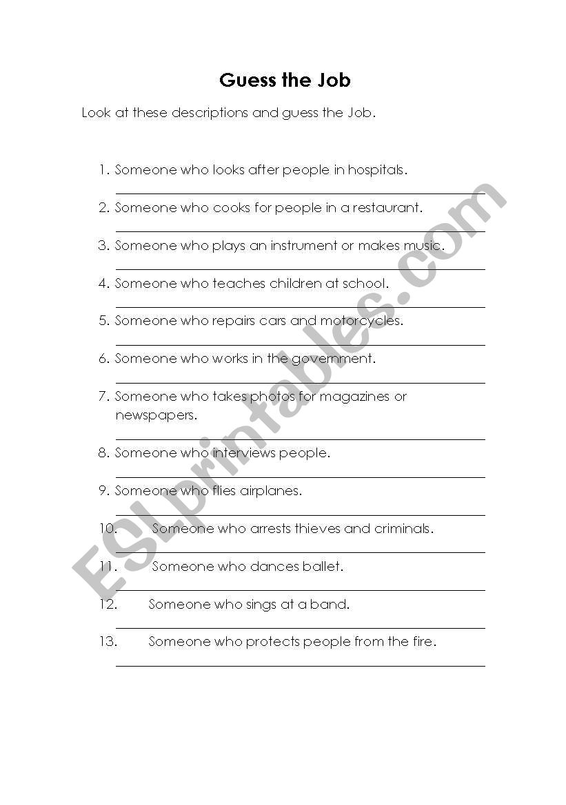 Guess the Job worksheet