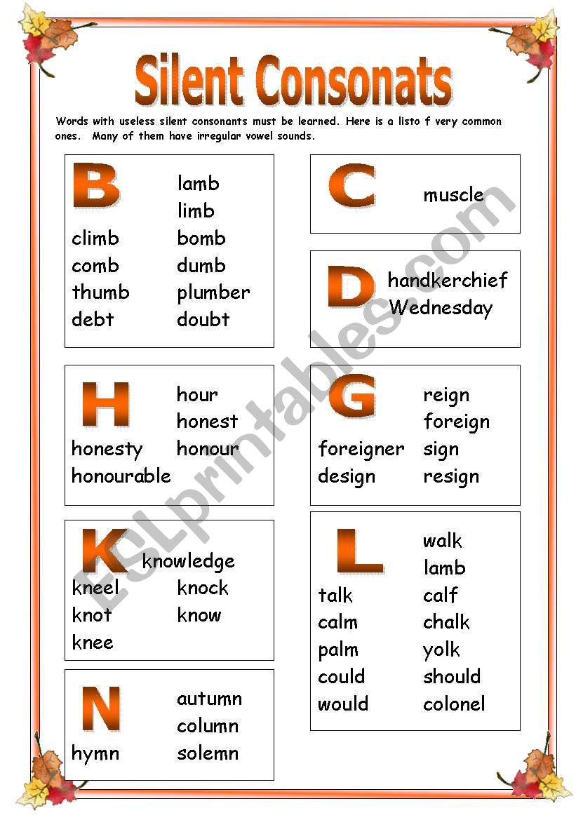 Silent consonants Part 1 worksheet