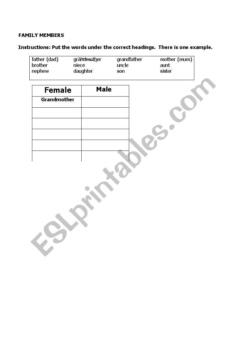 FAMILY MEMBERS worksheet