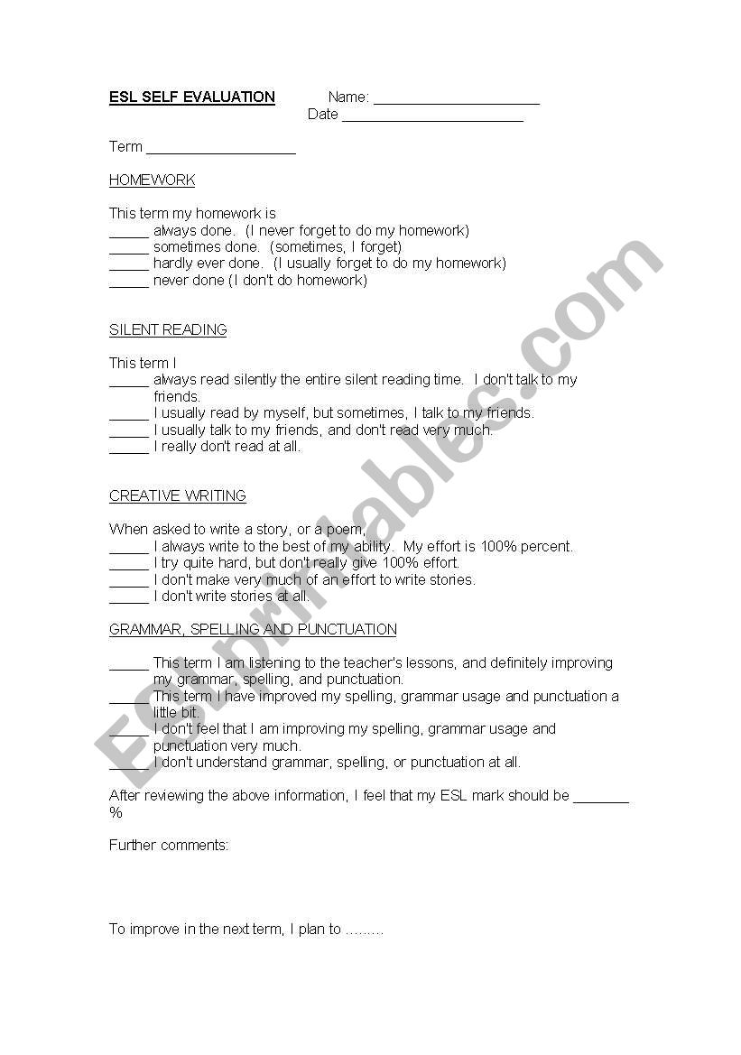 English worksheets: Student Self Evaluation