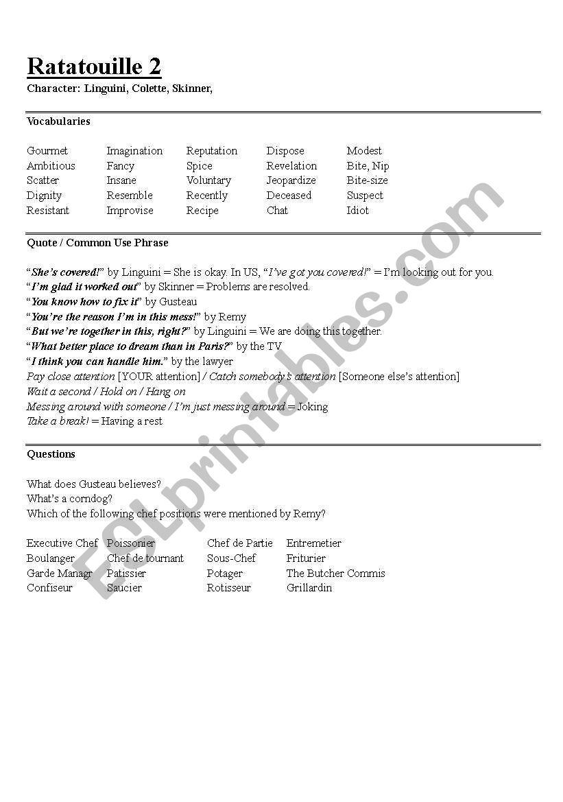 Ratatouille 2 worksheet