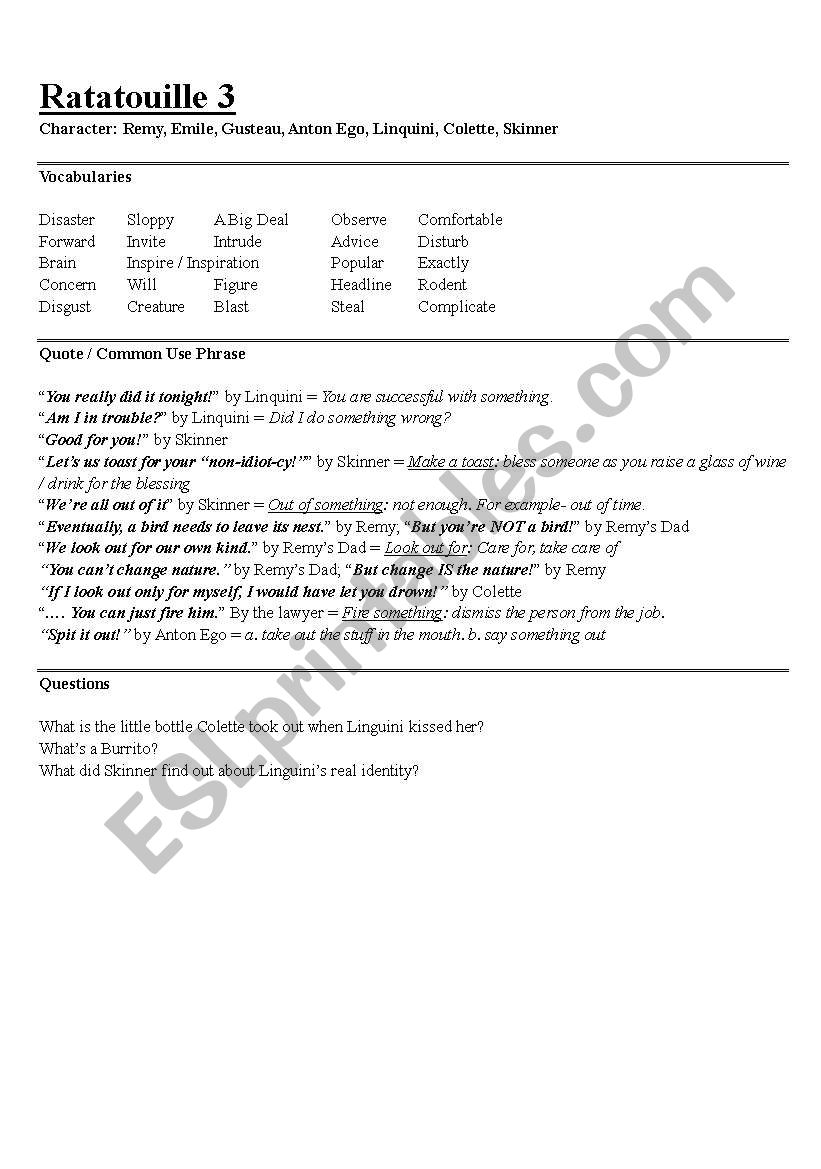 Ratatouille 3 worksheet