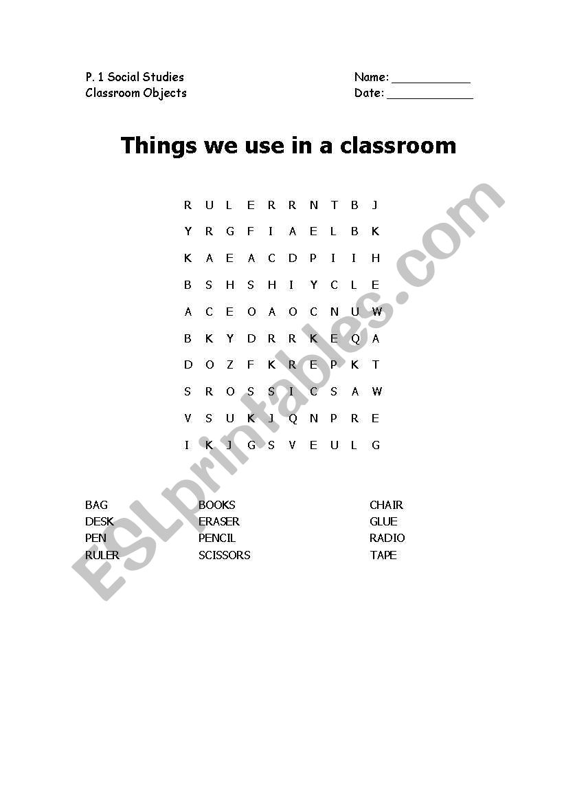 classroom objects wordsearch worksheet