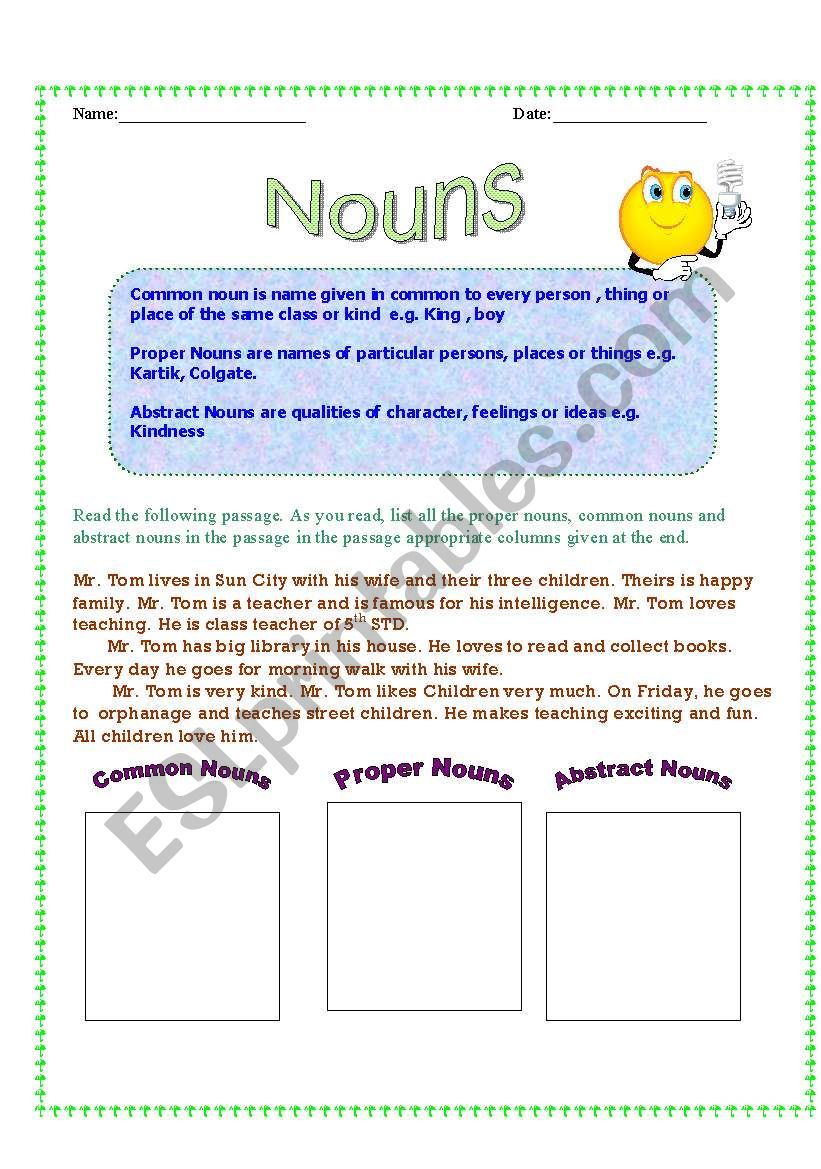 Types Of Nouns - ESL worksheet by Tanuja11 Regarding Types Of Nouns Worksheet