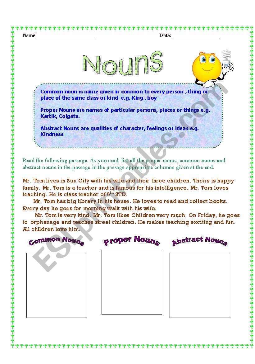 Types Of Nouns - ESL worksheet by Tanuja1809