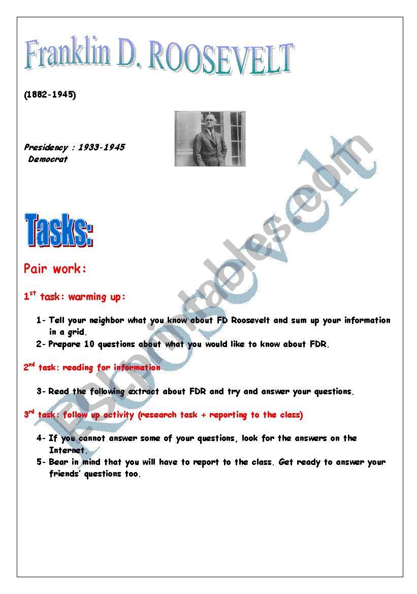 FD Roosevelt PROJECT (tasks, different skills) (4 pages)