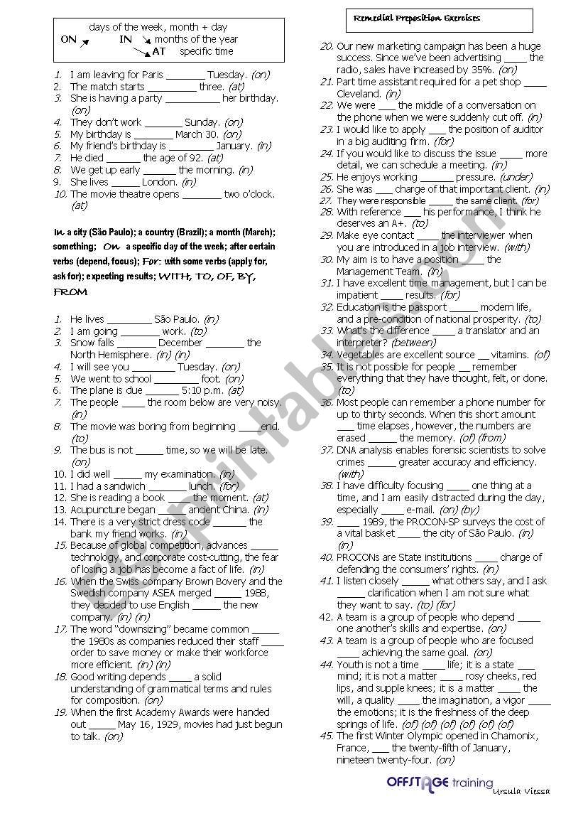 Remedial Preposition Exercises - ADULT TEACHING